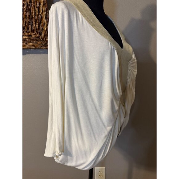 SKY Brand Top M White Tan Suede Trim Stretch Flowy Dolman Grecian Kimomo NEW - Picture 6 of 12